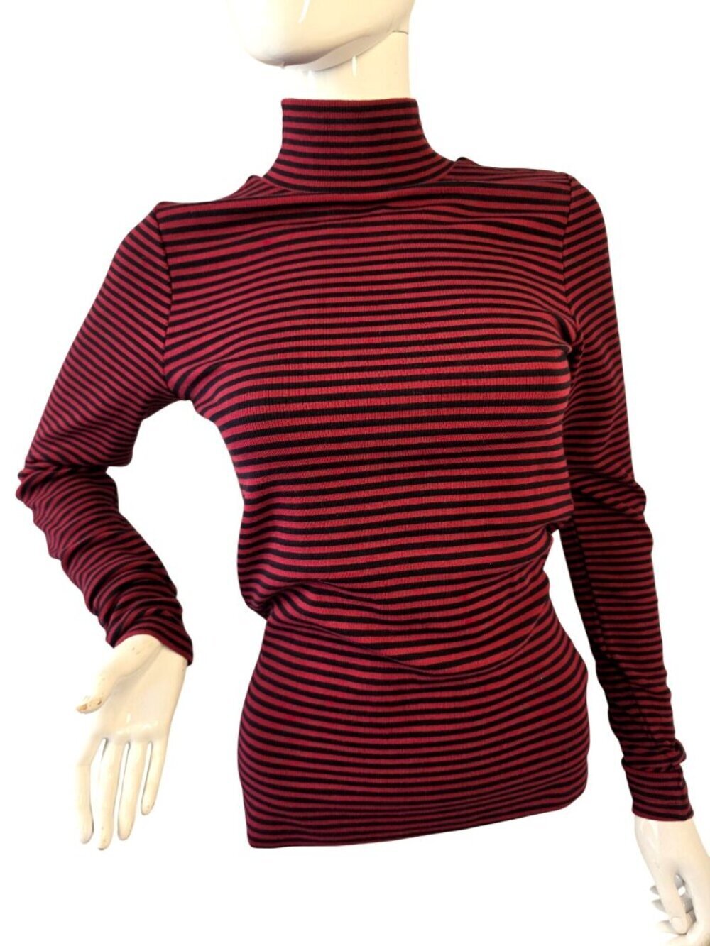Evereve Wine Black Striped Mock Neck Top Womens S Soft Stretch Modal Spandex NWT